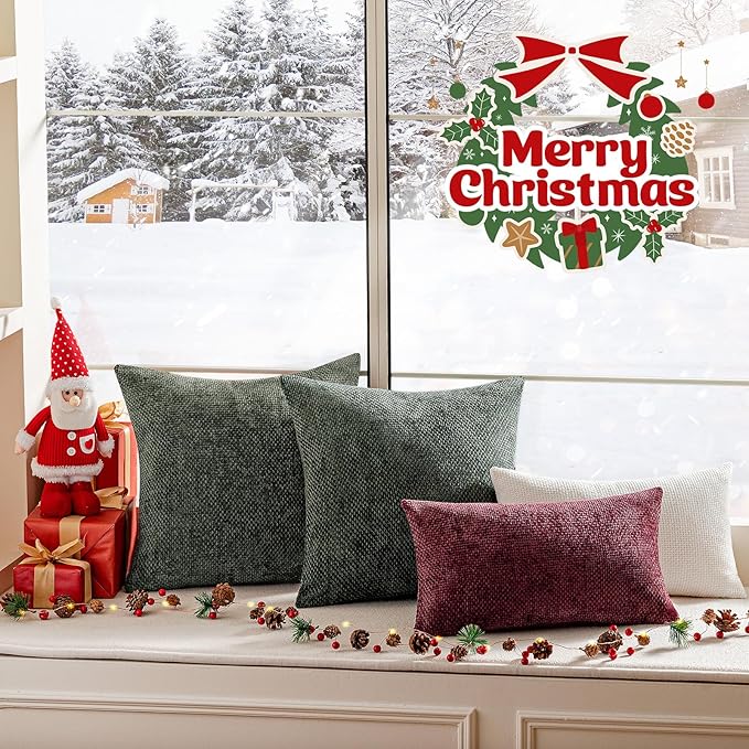 a moment Christmas Dark Green Chenille Throw Pillow Covers 22x22 Inch Pack of 2 Modern Decorative Throw Pillow Covers Farmhouse Cross Covers Home Decor for Sofa Bedroom Living Room