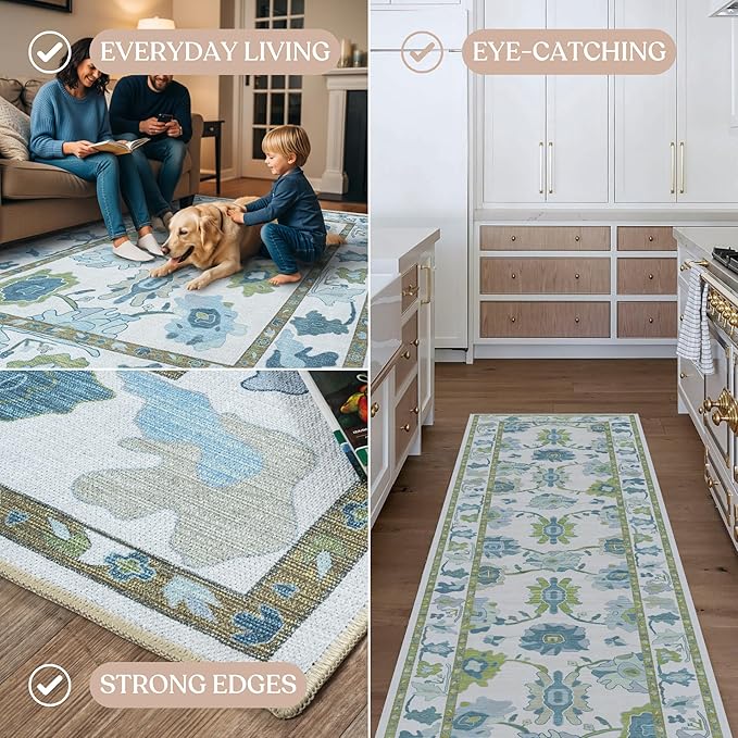 Fame Living Green Oushak Rug, Modern, Vintage, Turkish, Eclectic, Floral, Pastel, Washable, Large Area Rugs for Living Room, Dining, Bedroom, Girls, Boys, 7'5"x9'8"