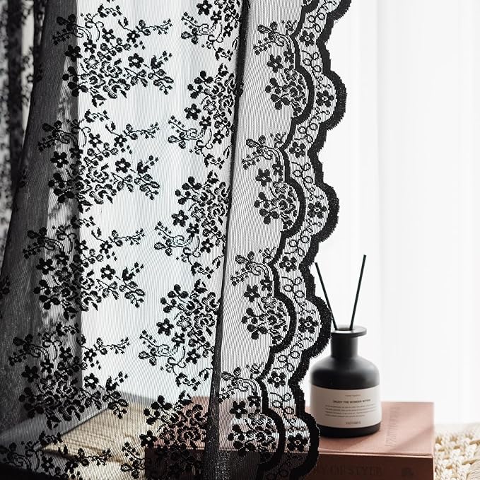 Anmao Vintage Lace Kitchen Curtains 18 Inches Long 2 Panels, Romantic Semi Sheer Floral Over Sink Lacy Cafe Curtain, Elegant Window Short Small Drapes, 55W x 18L, Black