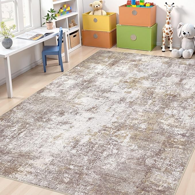 Washable 8X10 Area Rug: Modern Abstract Soft Non-Slip Indoor Rugs Home Decor - Low Pile Stain Resistant Carpet for Living Room Bedroom Dining Room Playroom Office(Golden Brown 8'x10')