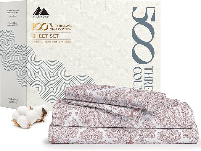 Mayfair Linen 100% Cotton Printed Bed Sheets King Size Set - 500 Thread Count Cotton Sheets for King Size Bed, 4 PC Set (Paisley Print), Soft, Cooling, Sateen Hotel Quality 16" Deep Pocket Bedsheet