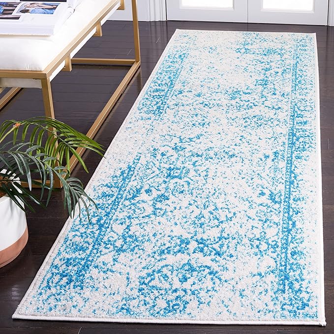 SAFAVIEH Adirondack Collection Runner Rug - 2'6" x 10', Ivory & Teal, Distressed Vintage Floral Design, Non-Shedding & Easy to Clean, Ideal for Hallway, Foyer, Entryway, Bedroom (ADR109D)