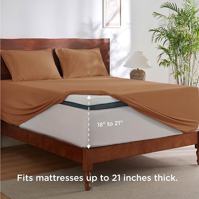 Bedsure Deep Pocket Queen Sheets Set - Fits Mattresses Up to 21 Inches Thick - 4 Piece GentleSoft Bed Sheets, Moisture Wicking, Soft & Cooling Bedsheet & Pillowcases, Easy & Secure Fit, Orange