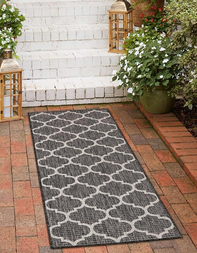 Unique Loom Outdoor Trellis Collection Area Rug - Trellis (Runner 2' 0" x 8' 0", Black/ Ivory)