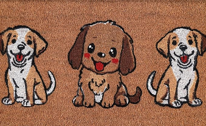 Coir Door Mats 17" X 30", Non-Slip Sturdy, PVC Backed Heavy Duty, Easy to Clean, Ideal for Door Entrance, Patio, Porch, Backyard, Garages, The 3 Cute Musketeer Puppies