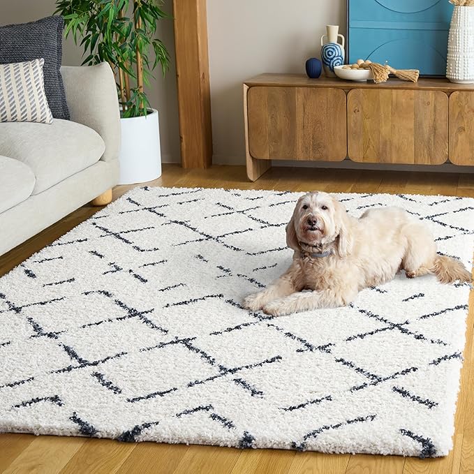 SAFAVIEH Arizona Shag Collection Area Rug - 6'7" x 9'2", Ivory & Slate, Moroccan Boho Design, Non-Shedding & Easy to Clean, Ideal for Living Room, Bedroom, Dining Space (ASG743M)