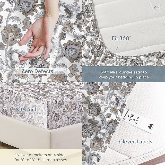 Mayfair Linen 100% Cotton Printed Bed Sheets Full Size Set - 500 Thread Count Cotton Sheets for Full Size Bed, 4 PC Set (Floral Ivory), Cooling, Sateen Weave Hotel Quality 16" Deep Pocket Bedsheet