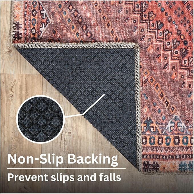 Bloom Rugs Washable Non-Slip 9' x 12' Rug - Red/Multicolor Traditional Bordered Area Rug for Living Room, Bedroom, Dining Room, and Kitchen - Exact Size: 9' x 12'