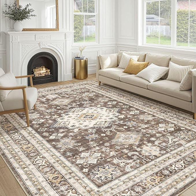 Vintage Living Room Area Rug 10x12 - Large Soft Washable Oriental Traditional Distressed Farmhouse Rugs for Bedroom - Indoor Floor Accent Carpet for Home Office House Decor - Dark Brown