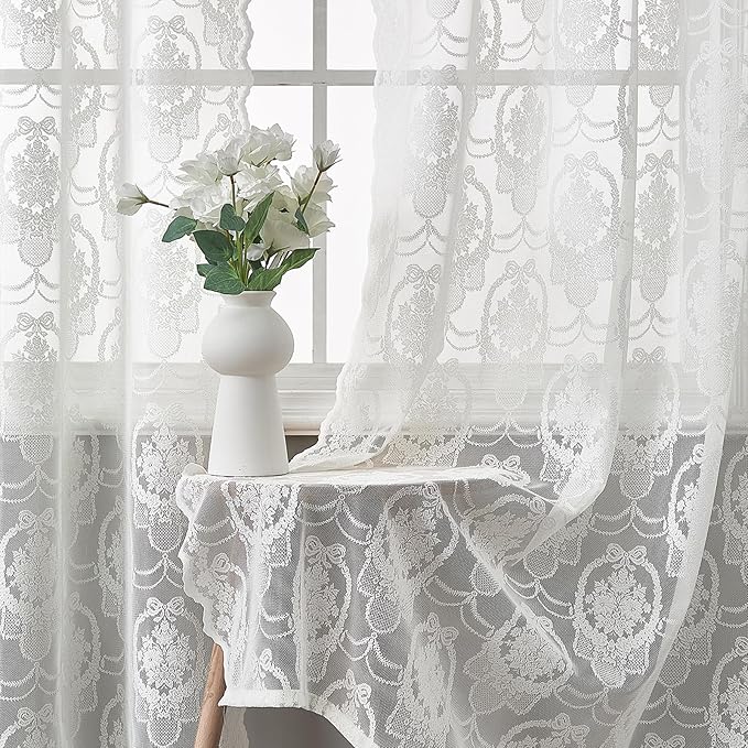 Bright White Vintage Country Floral Lace Sheer Curtains 96 Inches Long -Rod Pocket Light Filtering French Privacy Scalloped Edges Rod Pocket Boho Bedroom ，52 x 96 Inch, 2 Panels