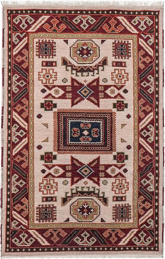 Hand Knotted Wool & Silk ECO-Friendly Oriental Area Rugs - 3'x5', Rectangle Shape, Cream Burgundy Color, Classic Oriental Traditional, Medium Pile Handmade Area Rugs (AF0102)