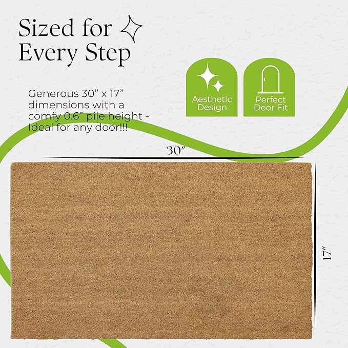 Coir Door Mats 17" X 30", Pack of 2, Non-Slip Sturdy, PVC Backed, Heavy Duty, Easy to Clean, Ideal for Door Entrance, Patio, Porch, Backyard, Garages, Plain Mat