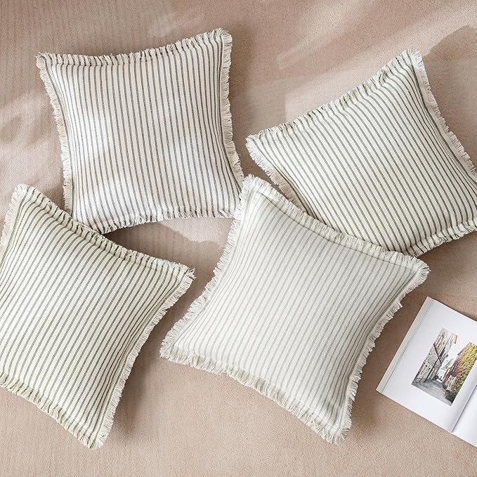 MIULEE Pack of 2 Olive Green Christmas Pillow Covers 20x20 Inch Striped Farmhouse Couch Throw Pillow Covers with Fringe Chic Linen Decorative Cushion Covers for Sofa Living Room Bed Outdoor Home Decor