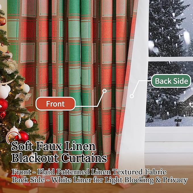 Plaid Christmas Curtains for Living Room - Boho Cottage Linen Blackout Gingham Checkered Drapes Extra Long, Farmhouse Thermal Insulated Drapery for Bedroom Winter 52x96 Inch 2 Panels, Red Green