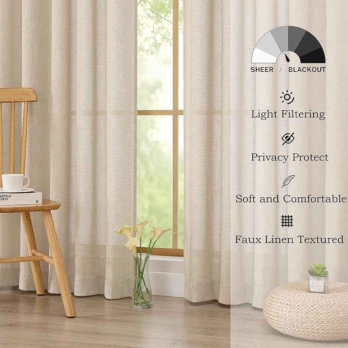 Simplebrand Natural Faux Linen Textured Semi Sheer Curtains 108 Inches Long 2 Panels for Living Room, Privacy Extra Long Light Filtering Farmhouse Thick Window Drapes for Large Window, 50 x 108 Inch