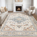 10x13 Area Rug Living Room: Washable Boho Large Neutral Vintage Soft Rugs Stain Resistant Distressed Farmhouse Non-Slip Indoor Floor Carpet for Bedroom Nursery Kids Office Dining Room- Beige Blue