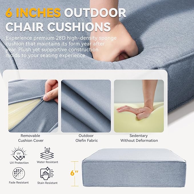 Outdoor Cushion Set for Furniture Patio Furniture, UV Resistant, Water Resistant - 6 Inch Thick Foam Garden Cushions– 24x24 Inch Patio Seat Covers for Chair/Sofa/Couch | Baby Blue | 7-Pack |