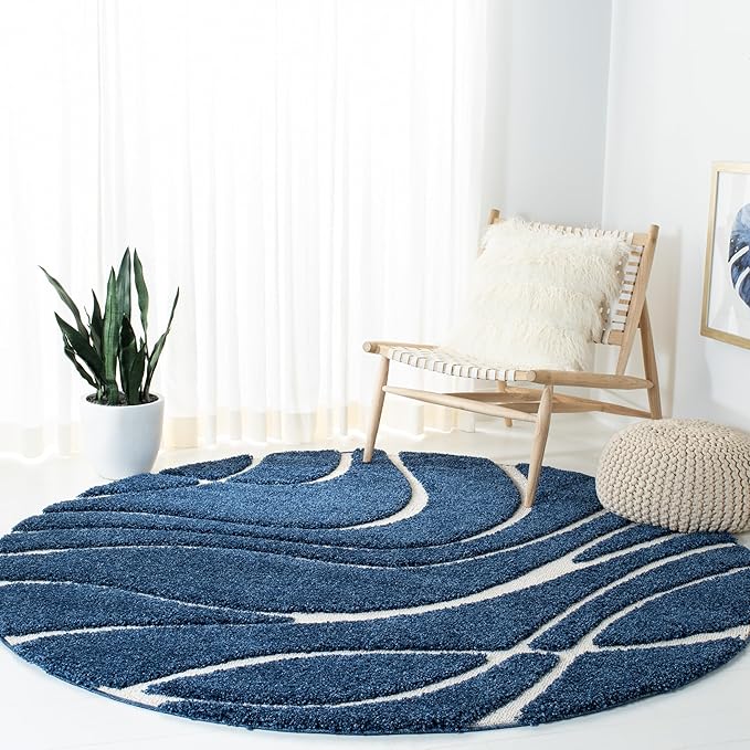 SAFAVIEH Florida Shag Collection Area Rug - 5' Round, Navy & Ivory, Non-Shedding & Easy Cleaning, Plush Thick Pile, Ideal for Living Room, Bedroom, Dining Space (SG471-6512)