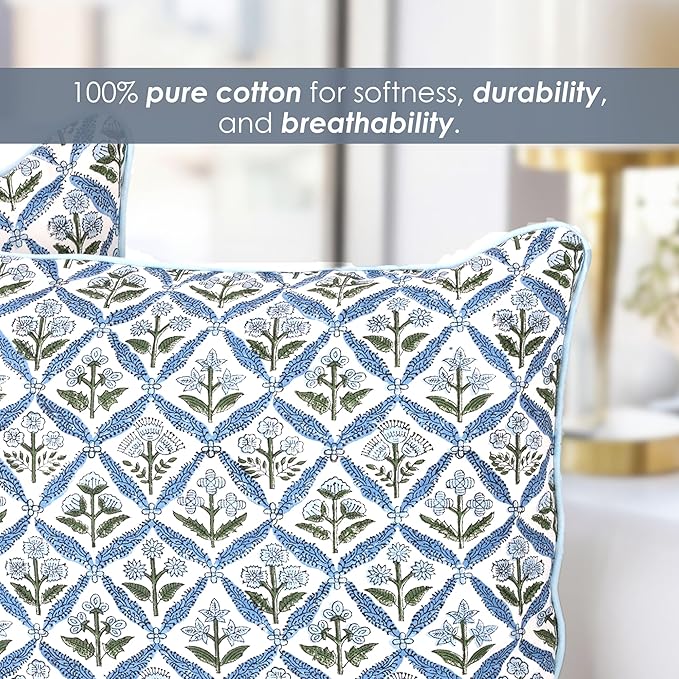 SheetKart Cotton Throw Pillow Covers - Set of 2 - Hand Block Cotton Printed Boho Decorative Pillow Covers - Cushion Covers for Living Room, Bohemian Theme, 20 x 20 Inches, Floral Blue