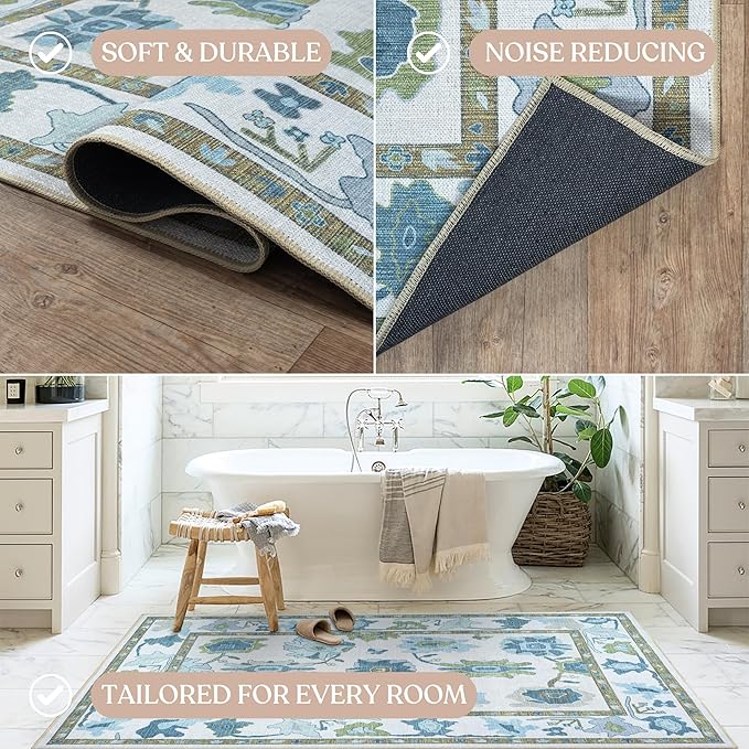 Fame Living Green Oushak Rug, Modern, Vintage, Turkish, Eclectic, Floral, Pastel, Washable, Large Area Rugs for Living Room, Dining, Bedroom, Girls, Boys, 7'5"x9'8"
