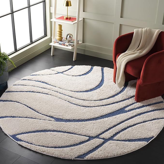 SAFAVIEH Florida Shag Collection Area Rug - 9' Round, Cream & Blue, Non-Shedding & Easy Care, 1.2-inch Thick Ideal for High Traffic Areas in Living Room, Bedroom (SG471-1165)