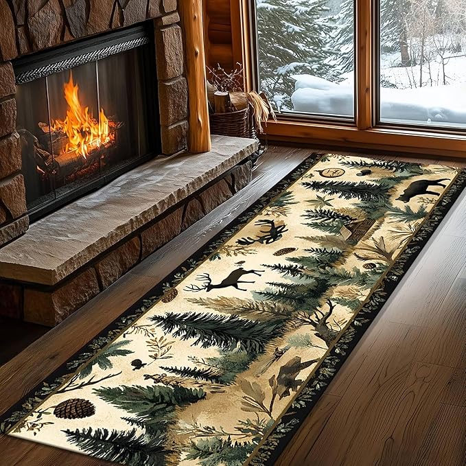 Brown Bohemian Bear Runner Rug 3.3x10ft with Elk Cabin Pinecone - Foldable Vintage Floor Mat for Farmhouse Decor, Thick Non-Skid Rug Indoor Outdoor Use, Forest Lawn Pattern