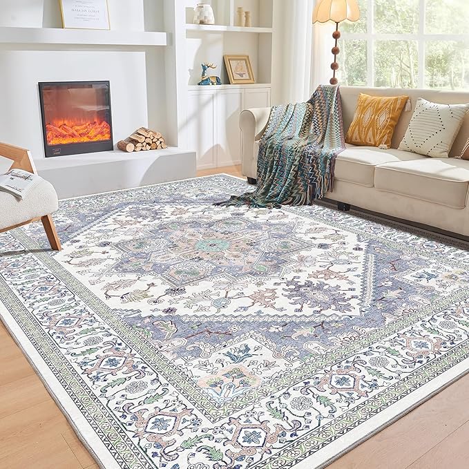 OPPODREAM Thin Area Rugs 4x6, Low-Pile Washable Rugs 4x6 with Non Slip Backing, Faux Cashmere 4 x 6 Throw Carpet, Purple & Green & Cream