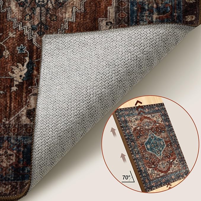 Tangsoo 2.6x10 Washable Hallway Runner Rug, Non Slip Vintage Runner Rug for Hallways, Soft Low Pile Long Rug Runner, Print Distressed Carpet Runners for Kitchen Bedroom Entryway Living Room