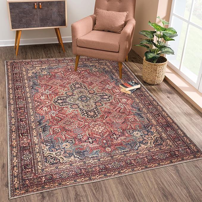 Bloom Rugs Washable Non-Slip 6' x 9' Rug - Red/Teal Blue/Yellow Traditional Medallion Area Rug for Living Room, Bedroom, Dining Room, and Kitchen - Exact Size: 6' x 9'