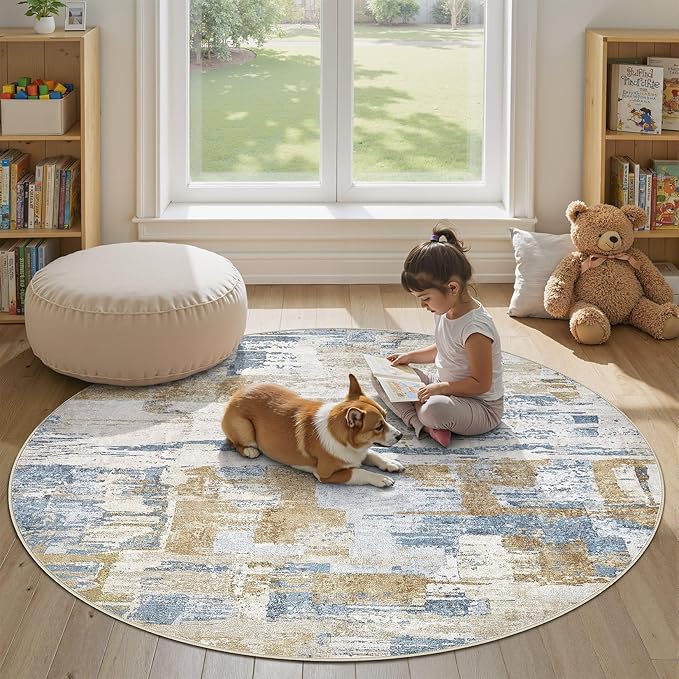 Abstract Living Room Rug 9x9 - Modern Washable Soft Thin Area Rug for Living Room Bedroom Under Dining Table - Neutral Indoor Floor Rug Carpets for Home Office Playroom Nursery - Blue Gold