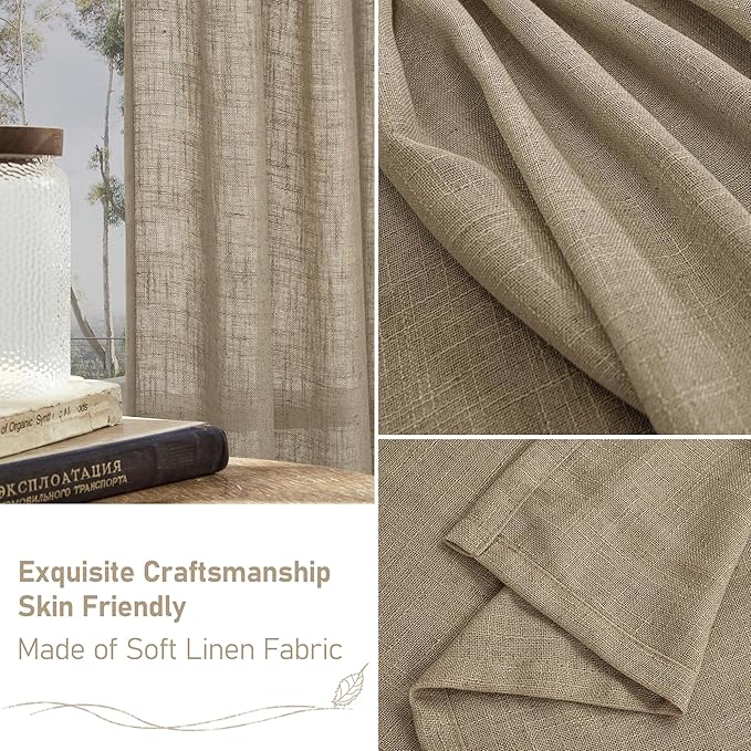 LAMIT 95 Inches Long Linen Curtains for Living Room, Back Tab and Rod Pocket Semi Sheer Curtains Light Filtering Farmhouse Drapes for Bedroom/Dining Room, Taupe, Set of 2, 52 x 95 Inch