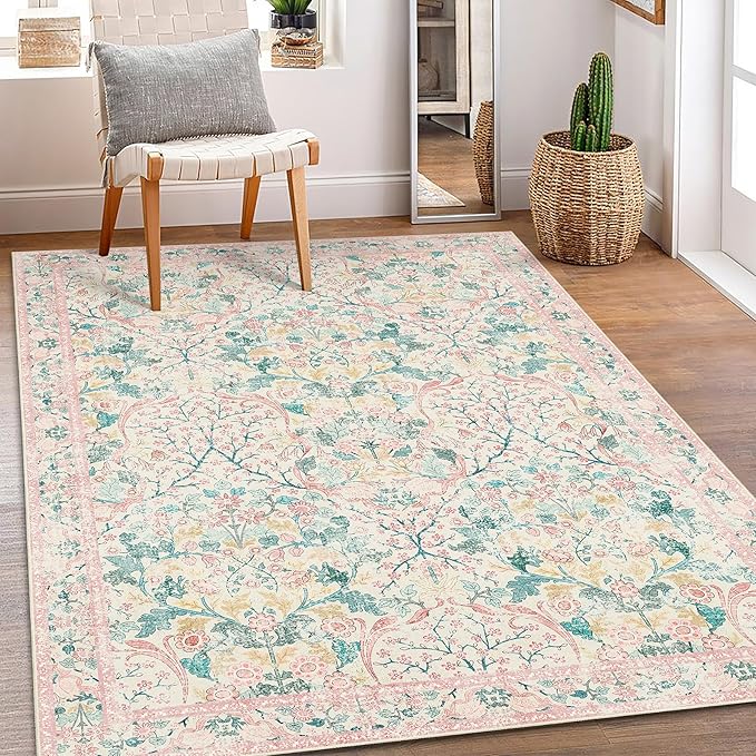 MUJOO 3x5 Pink Rug Washable,Floral Area Rug for Bedroom Office Entryway Living Room Bedside,Small Throw Carpet Boho Non Slip Indoor Floor Botanical Vintage Ultra-Thin
