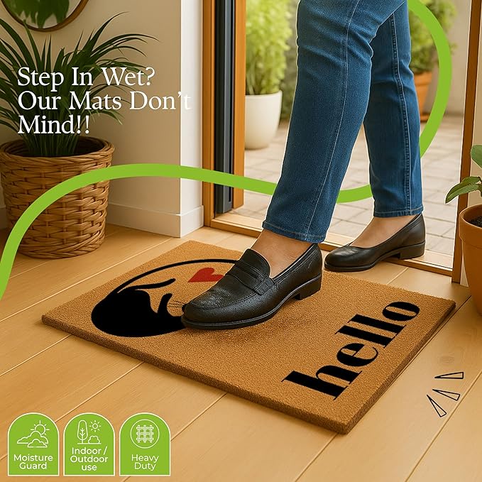 Coir Door Mats 17" X 30", Non-Slip Sturdy, PVC Backed Heavy Duty, Easy to Clean, Ideal for Door Entrance, Patio, Porch, Backyard, Garages, Love of Cats, A Hello