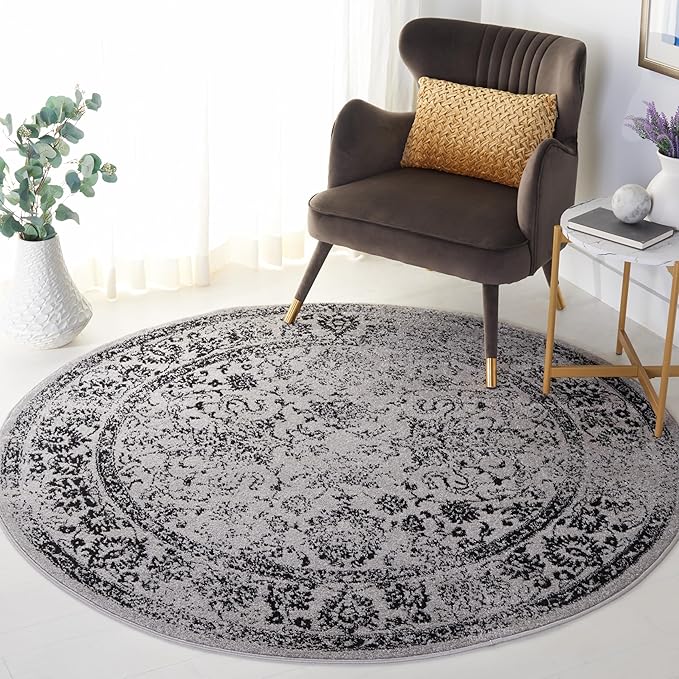 SAFAVIEH Adirondack Collection Area Rug - 10' Round, Grey & Black, Distressed Vintage Floral Design, Non-Shedding & Easy to Clean, Ideal for Living Room, Bedroom, Dining Space (ADR109B)