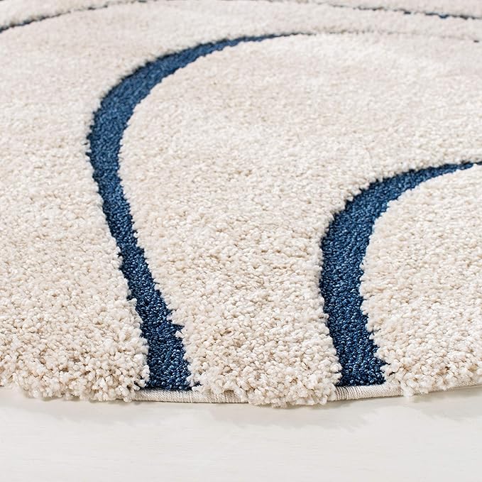 SAFAVIEH Florida Shag Collection 4' Round Cream/Blue SG471 Abstract Wave Non-Shedding Living Room Bedroom Dining Room Entryway Plush 1.2-inch Thick Area Rug