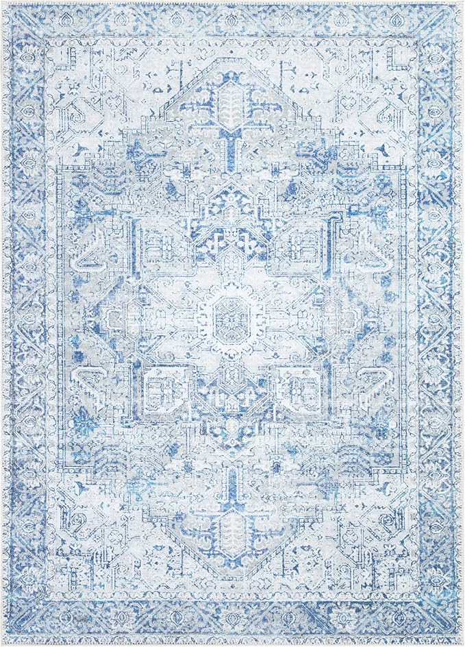 Bloom Rugs Washable Non-Slip 4' x 6' Rug - Blue/Gray Traditional Area Rug for Living Room, Bedroom, Dining Room, and Kitchen - Exact Size: 4' x 6'