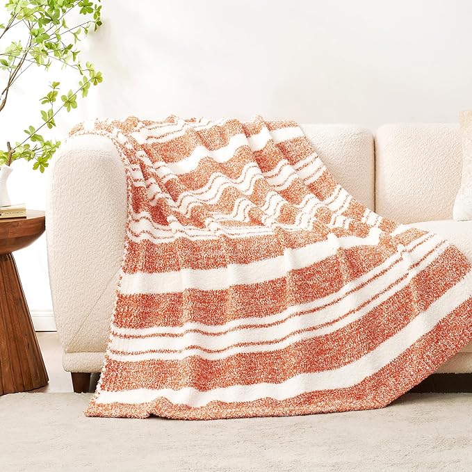 Snuggle Sac Orange Fall Throw Blanket for Couch, Reversible Super Soft Blankets Warm Cozy Knit Fuzzy Plush Blankets for Sofa,Living Room, Stripe Orange,50x60 inches