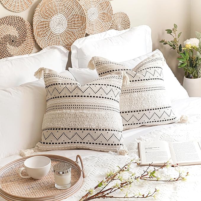 BlissBlush Decorative Throw Pillow Cover 18x18 Combo Set of 2 Square Boho Black Neutral Accent Pillowcase Tassels Farmhouse Cushion for Couch Sofa Bedroom Living Room Home Décor Cover ONLY