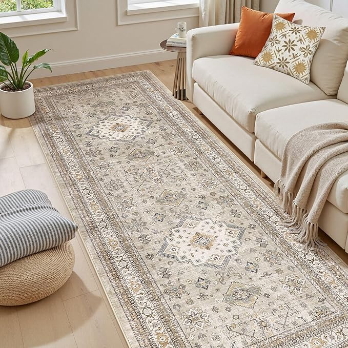 Vintage Hallway Runner Rug 3x12: Large Soft Washable Entryway for Kitchen Laundry Room Non-Slip Backing Runner for Entrance Living Room Bedroom Bathroom - Beige