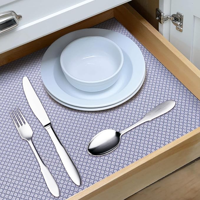 RAY STAR 18X96 Inch Shelf Liner for Kitchen Cabinets, Non-Adhesive Cabinet Liner Washable, PVC Drawer Liner for Dresser Non-Slip Bathroom (Blue Circle)(1 Roll)