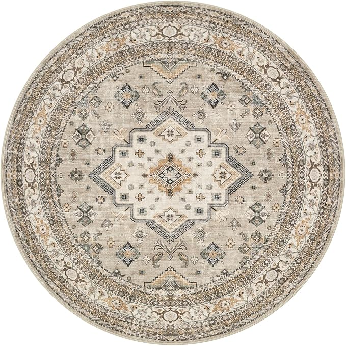 6ft Round Vintage Living Room Area Rug - 6x6 Large Soft Washable Oriental Traditional Distressed Farmhouse Rugs for Bedroom - Indoor Floor Accent Carpet for Home Office House Decor - Beige