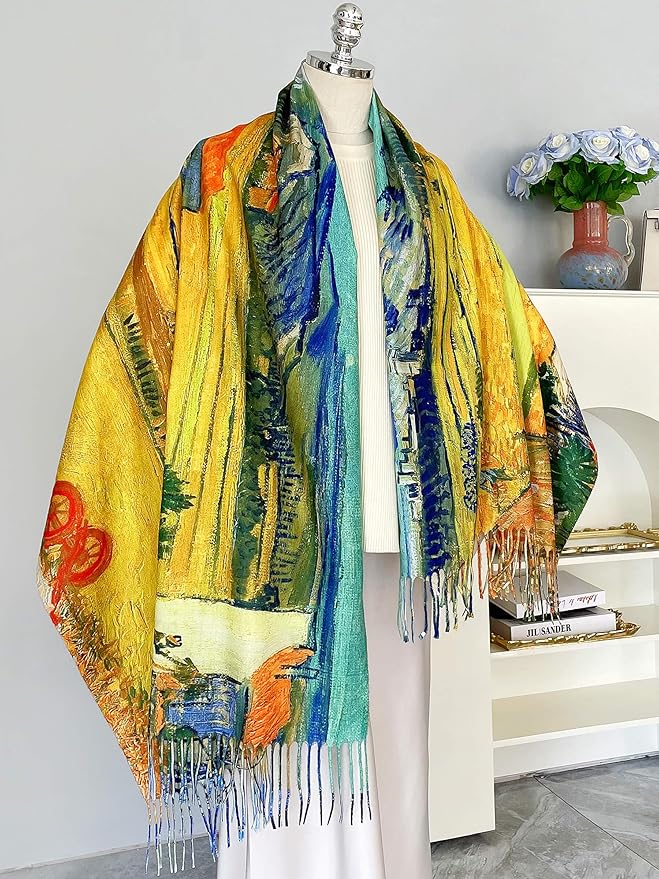 VENVSBEE Reversible Scarf Soft Large Shawl Wrap Blanket Double Sided Art Print Warm Pashmina Stoles Klimt Van Gogh Gifts