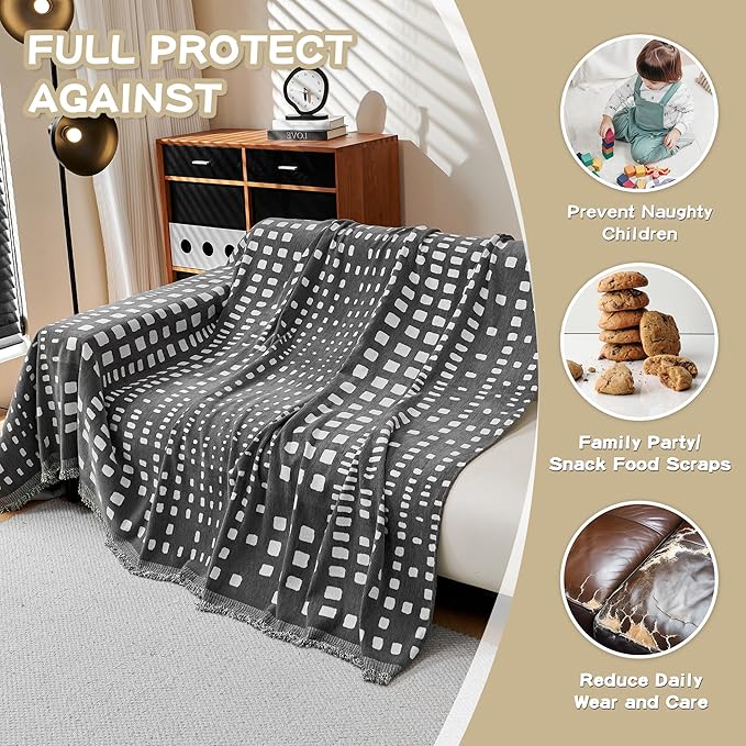 MEETSKY Boho Couch Cover Sofa Covers, Chenille Geometric Dark Grey Couch Covers for 2 Cushion Couch Sofa for Dogs, Washable Slipcover for Cat Sofa Protector with Tassels,71" x 118"