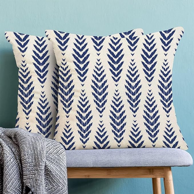 BETGINY Navy Blue Boho Pillow Covers 18 x 18 Inch Pack of 2, Bohemian Ethnic Herringbone Pattern Decorative Throw Pillow Covers Linen Modern Geometry Farmhouse Outdoor Pillowcase for Sofa Couch Decor
