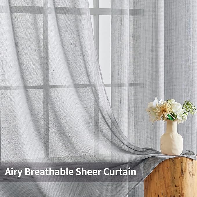 MIULEE 2 Panels Natural Linen Semi Sheer Window Curtains Elegant Solid Light Grey Drapes Grommet Top Window Voile Panels Linen Textured Panels for Bedroom Living Room (52X96 Inch)
