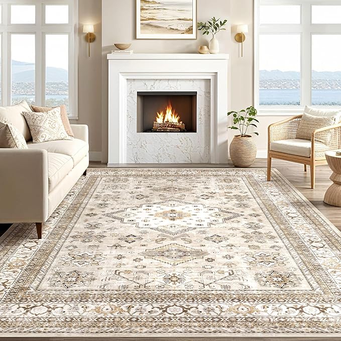 Vintage Living Room Area Rug 10x14 - Large Soft Washable Oriental Traditional Distressed Farmhouse Rugs for Bedroom - Indoor Floor Accent Carpet for Home Office House Decor - Beige