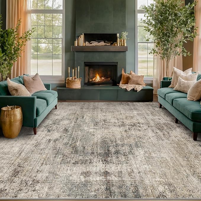 Farmhouse Brown Rugs for Living Room 8x10 - Taupe Rustic Minimalist Area Rug for Dining Room, Large Bedroom, Washable Foldable Dark Academy Décor