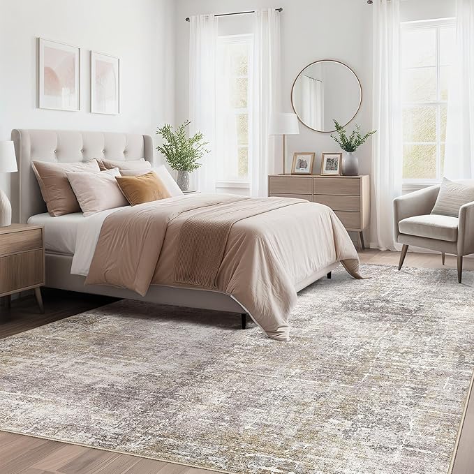 Abstract Living Room Rug 9x12 - Modern Washable Soft Thin Area Rug for Living Room Bedroom Under Dining Table - Neutral Indoor Floor Rug Carpets for Home Office Playroom Nursery - Brown Gold