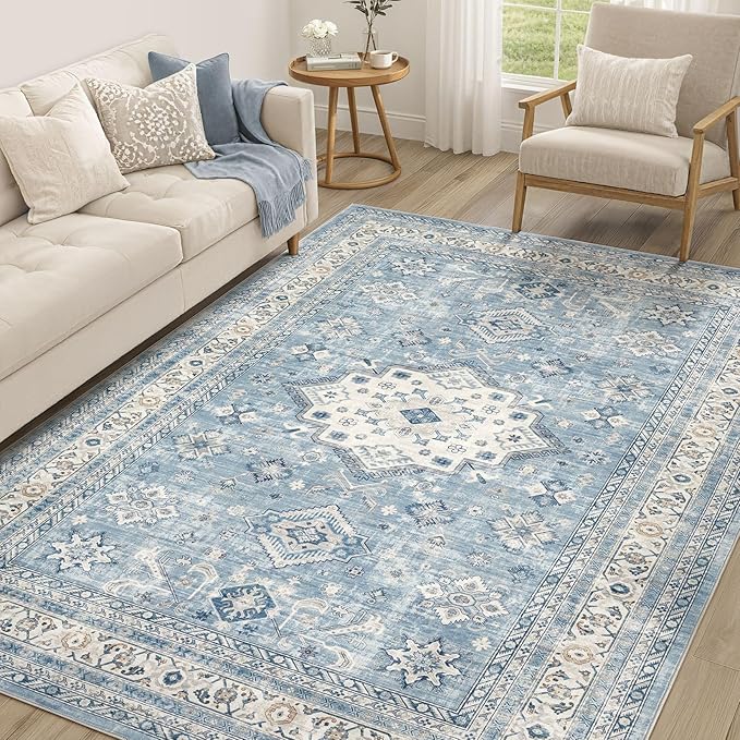 Vintage Living Room Area Rug 5x7 - Large Soft Washable Oriental Traditional Distressed Farmhouse Rugs for Bedroom - Indoor Floor Accent Carpet for Home Office House Decor - Blue