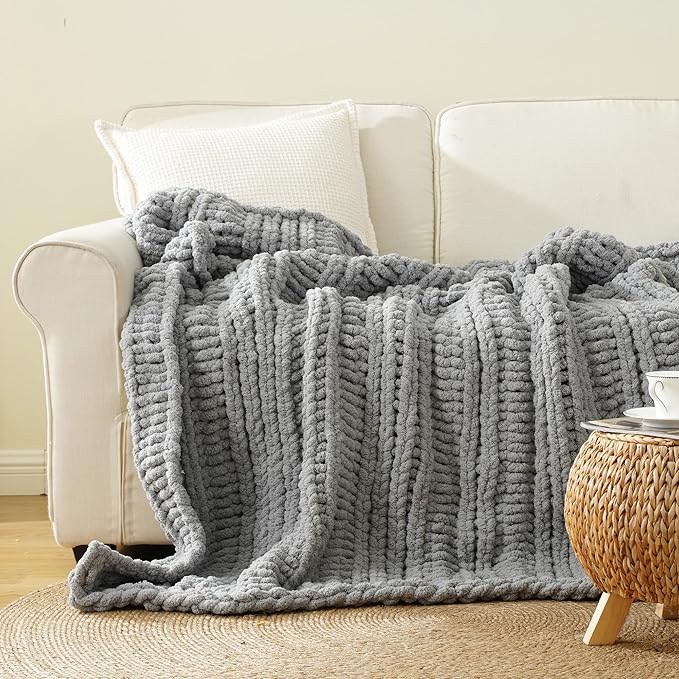 Battilo Light Grey Chunky Knit Throw Blanket for Couch, Thick Warm Cozy Soft Chenille Throw Blanket, Handmade Cable Knit Blanket for Sofa,Bed, Living Room, 50"x60"